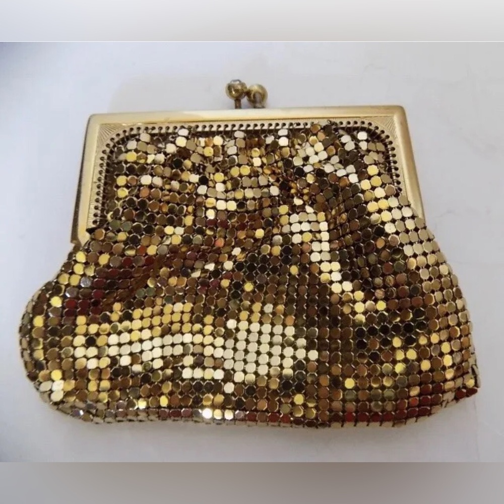 Vtg Duramesh Purse Clutch Gold Mesh Change Diamanté Clasp Lined Cocktail 3X3x2